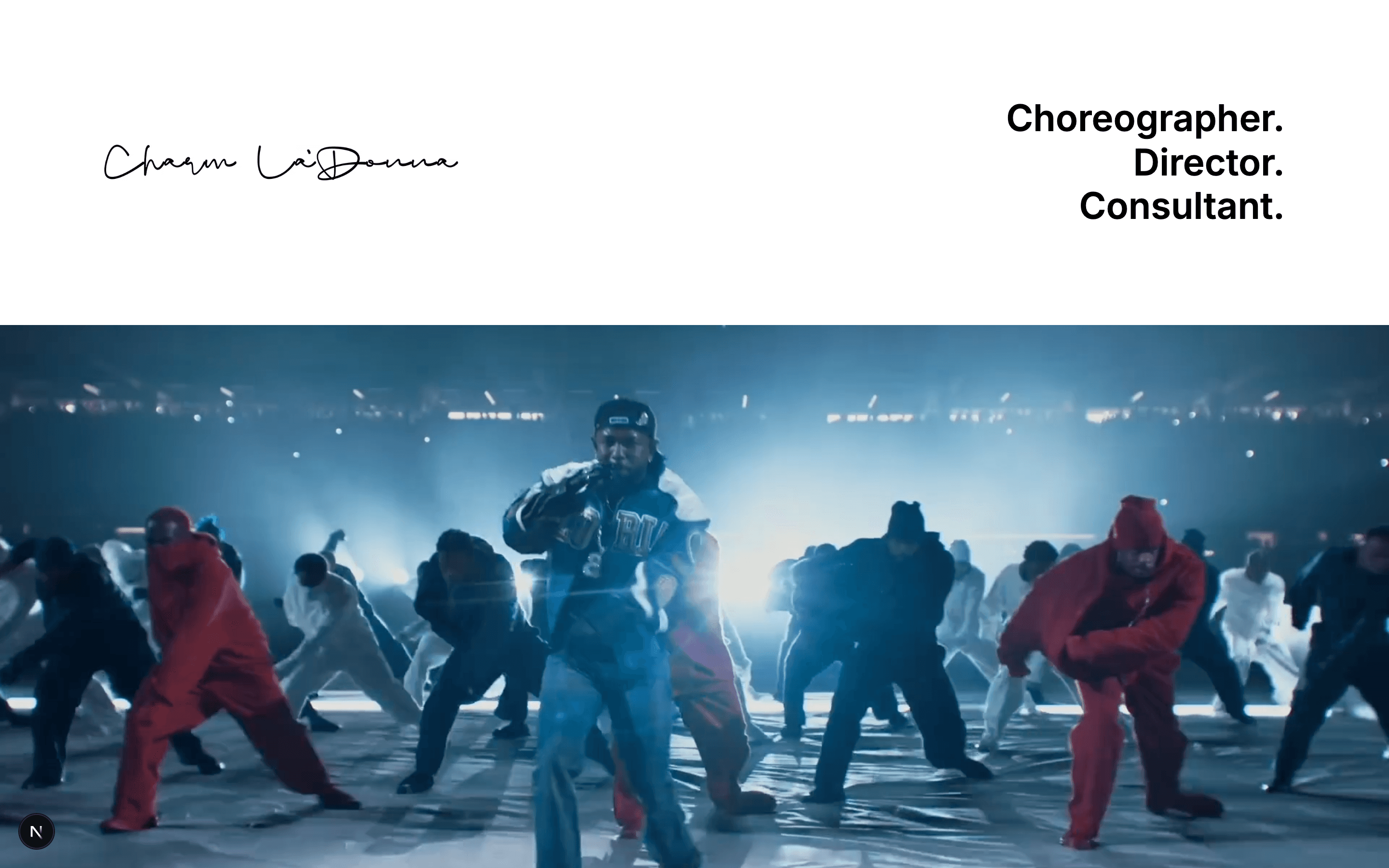 Charm La’Donna website hero with performance reel