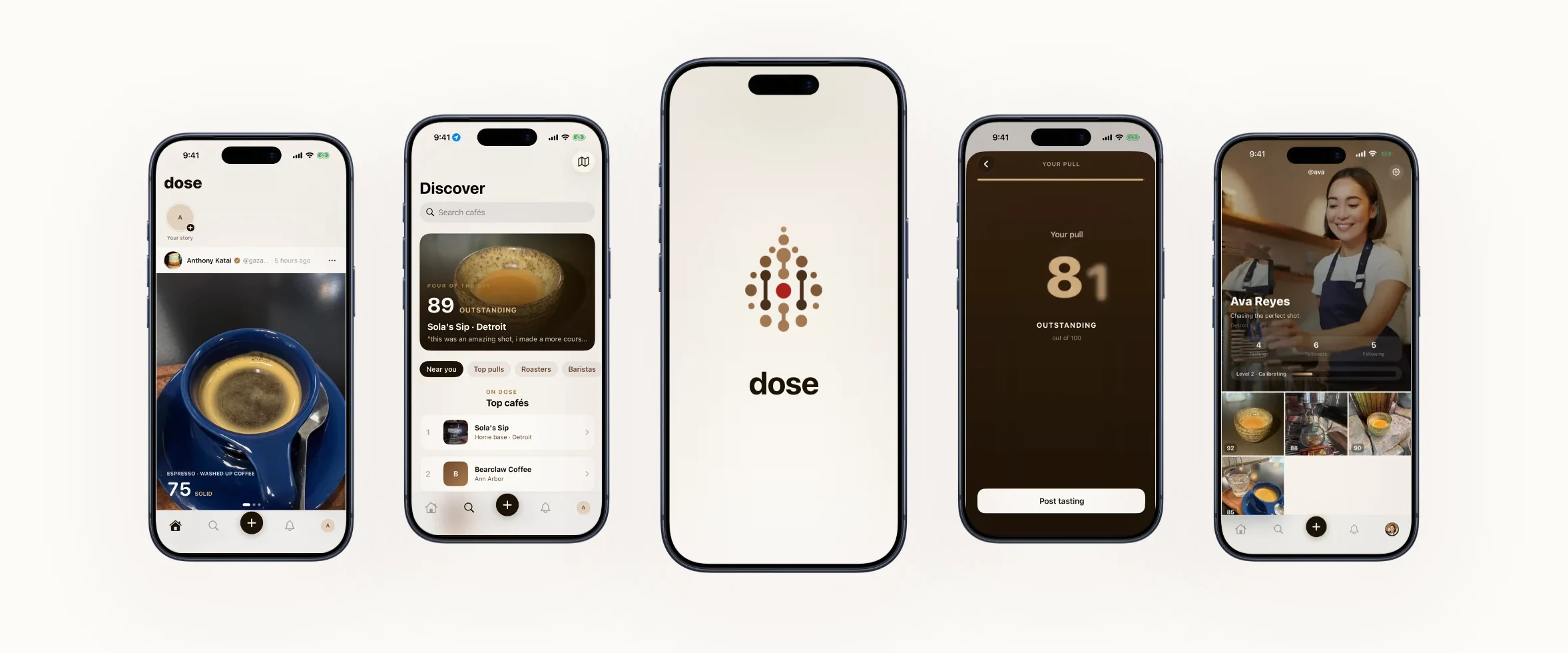 Dose on five phones — the feed, discover, the app mark, a scored pull, and a profile