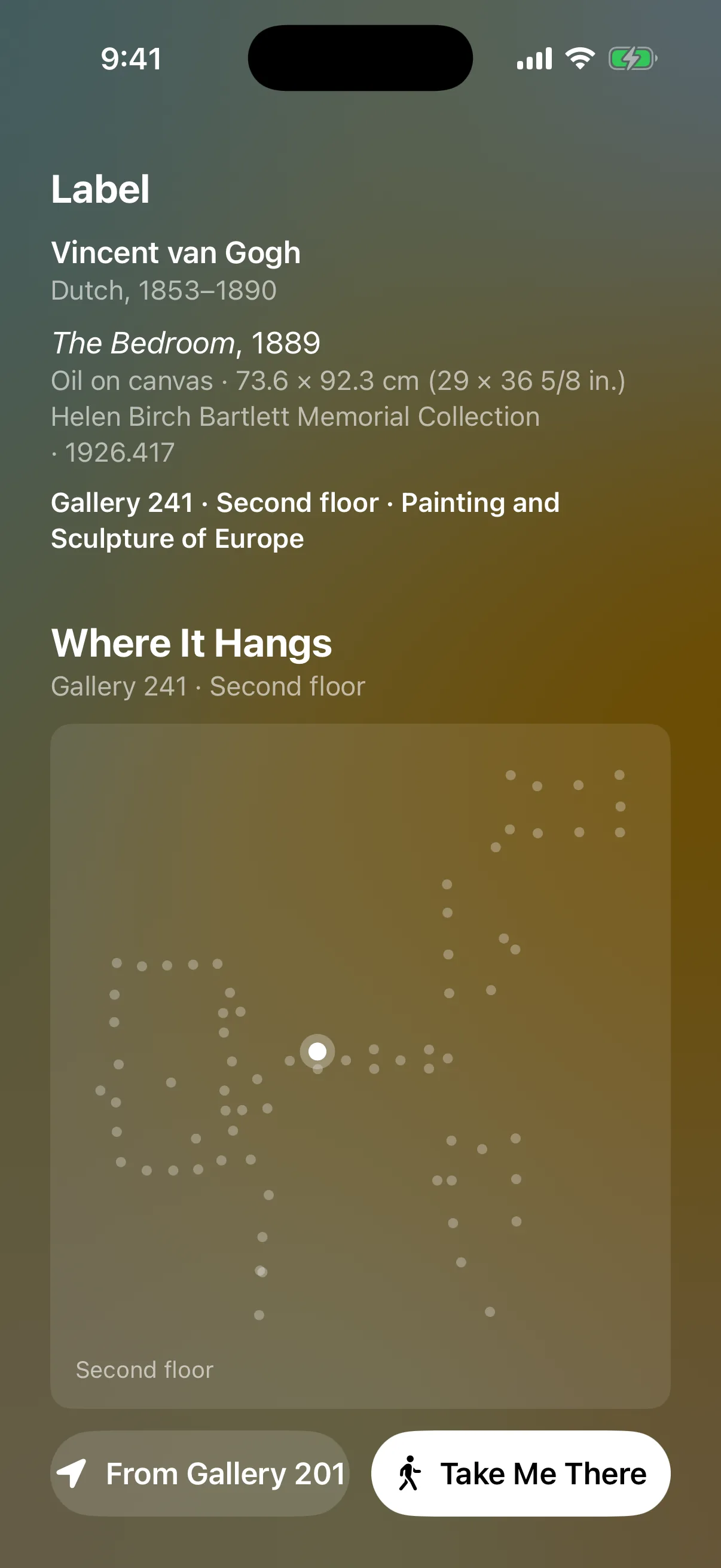 The TAO app: the label for The Bedroom by Vincent van Gogh, 1889, oil on canvas, Helen Birch Bartlett Memorial Collection, Gallery 241, second floor, then where it hangs