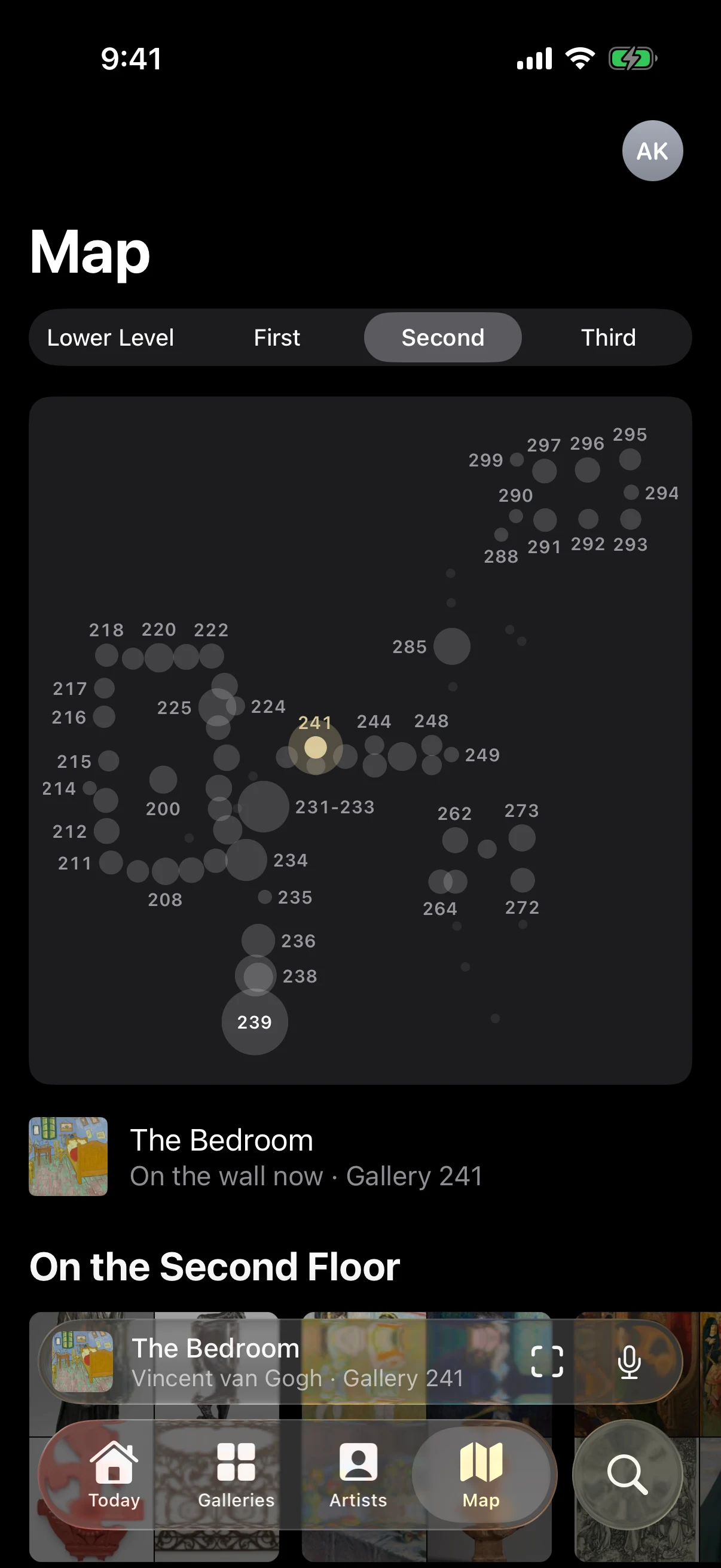 The TAO app: the map, the second floor, every gallery as a dot