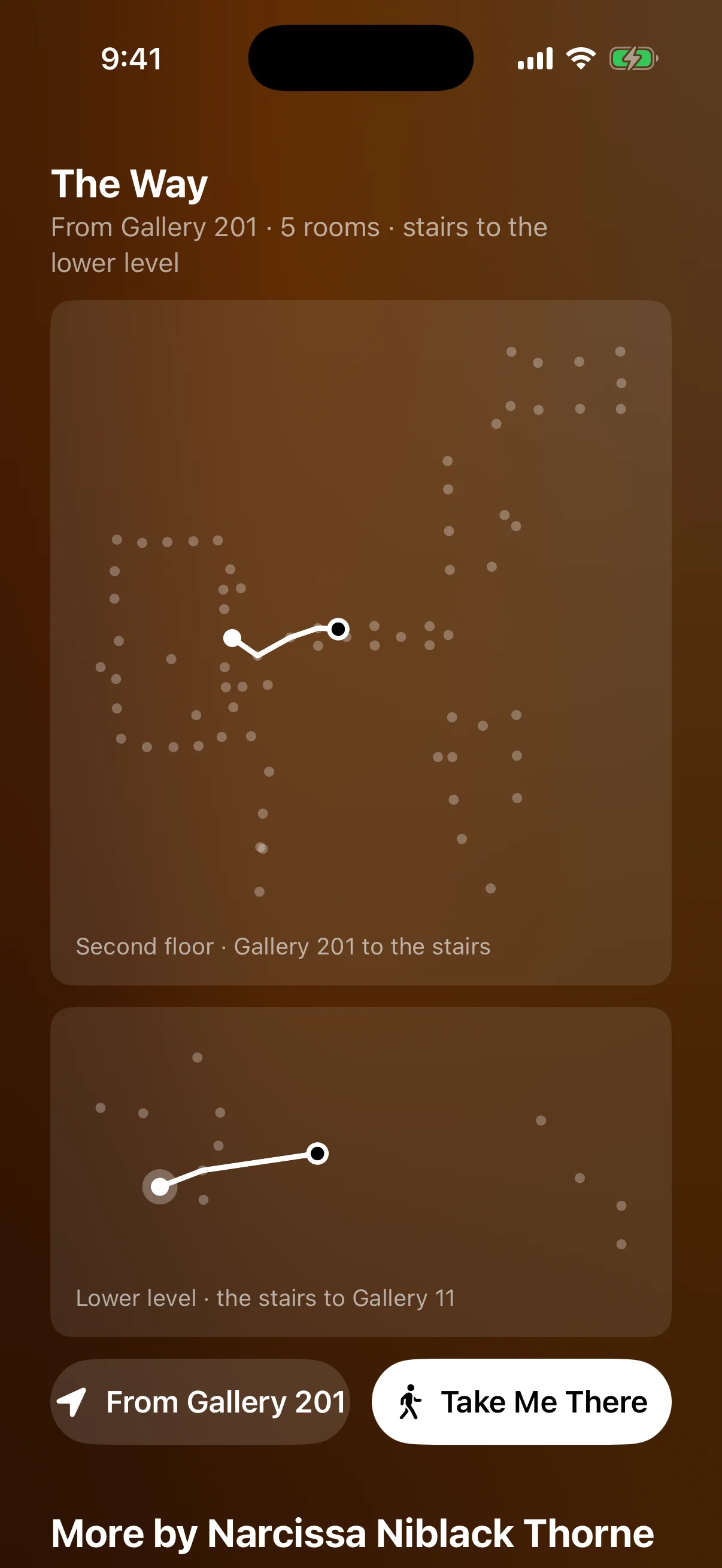 The TAO app: The Way, the route drawn from Gallery 201 down the stairs to Gallery 11, with From Gallery 201 and Take Me There
