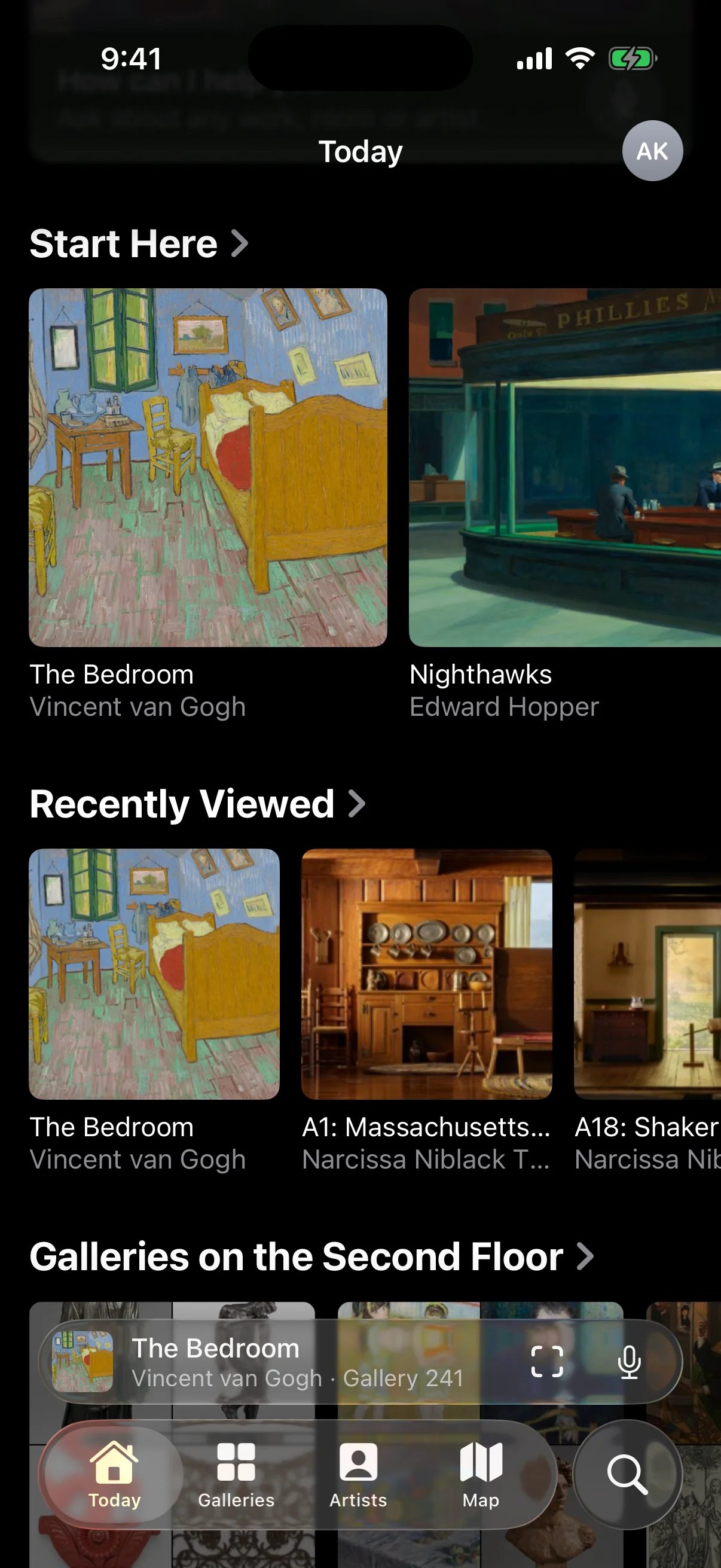 The TAO app, Today: Start Here, Recently Viewed, and The Bedroom in the player