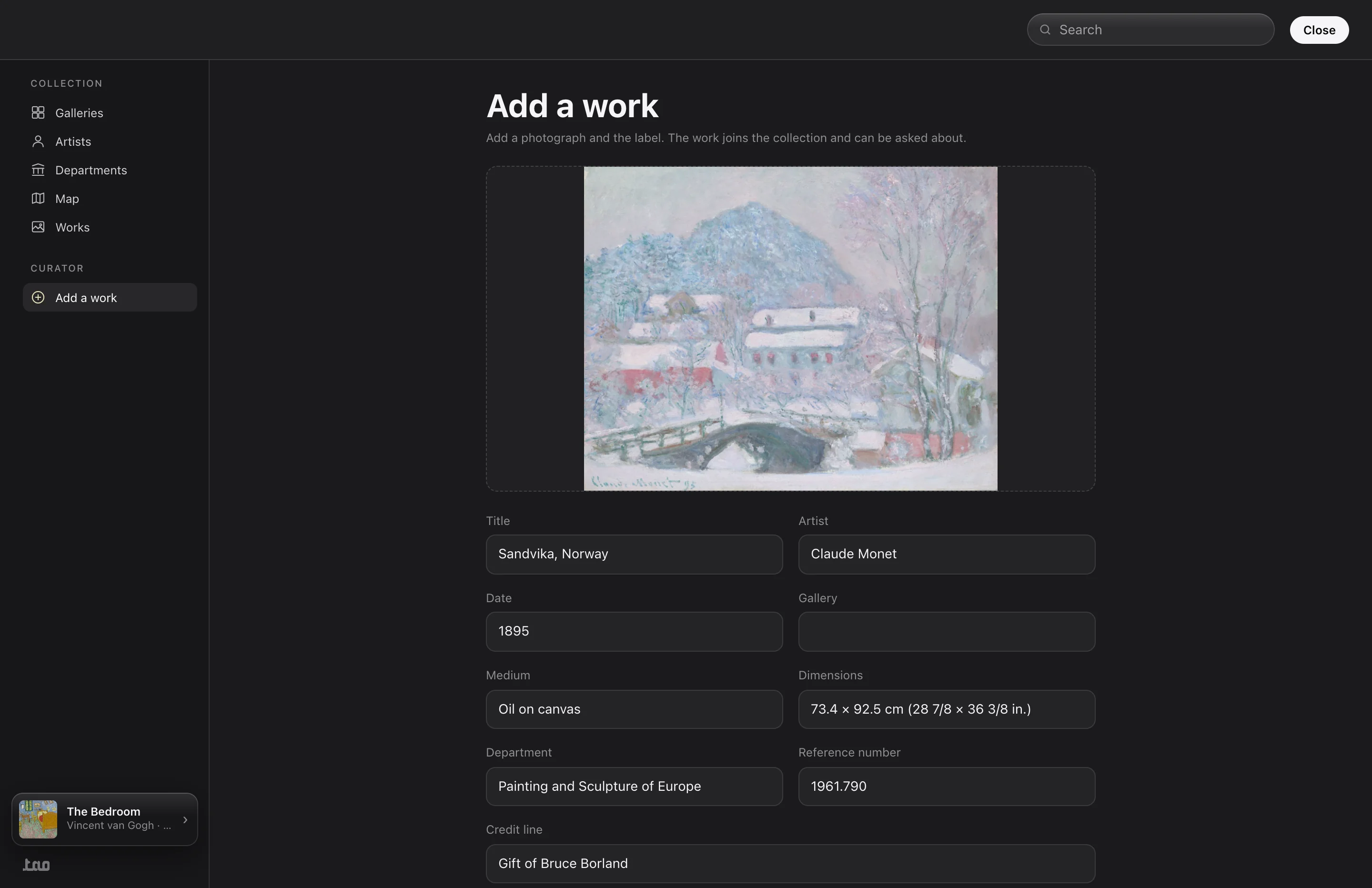 The curator’s form, filled in: a photograph of Sandvika, Norway by Claude Monet, then its label — title, artist, date, medium, dimensions, department, reference number, credit line
