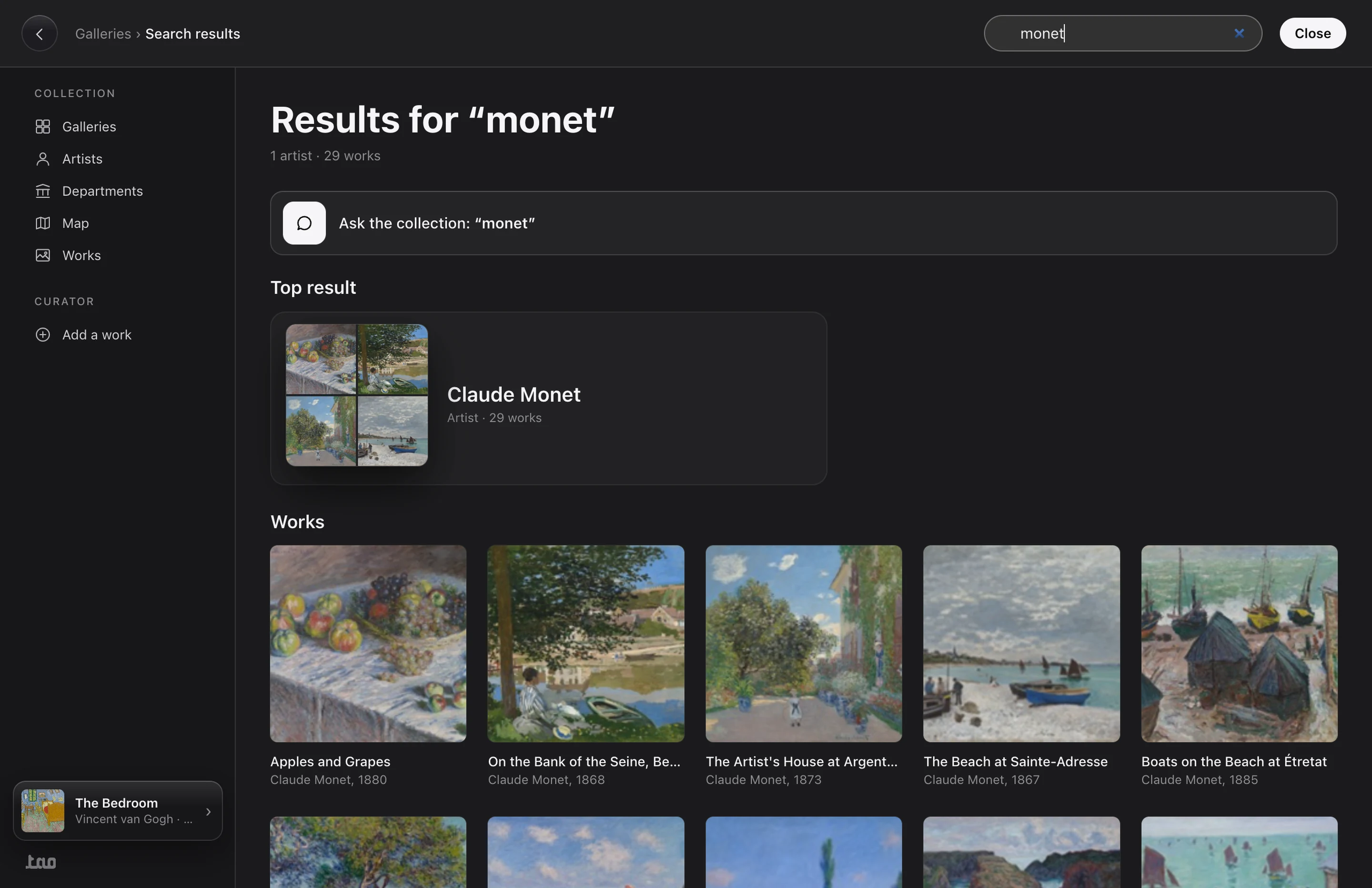 The desk library: results for “monet”, the artist as top result, his works below, and Ask the collection one row above
