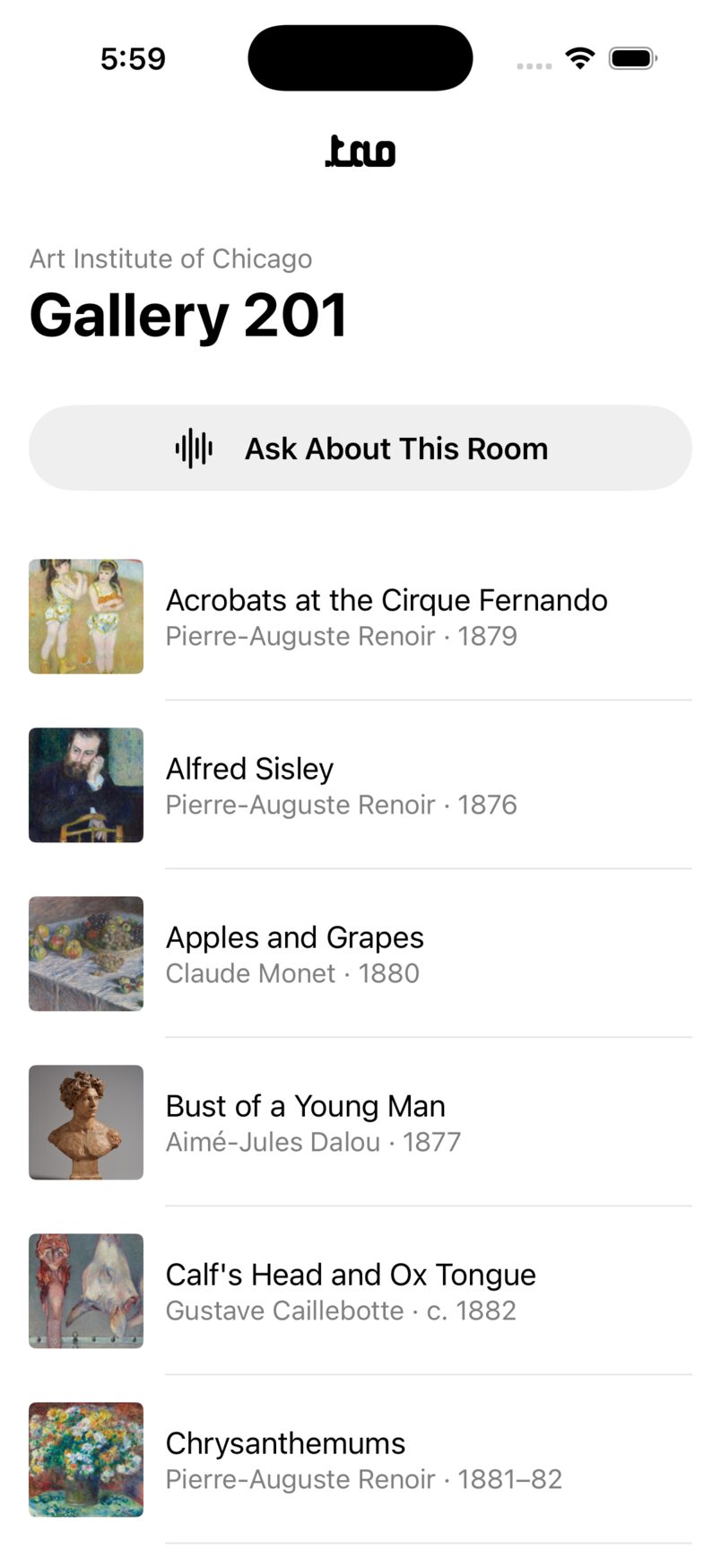 The TAO App Clip: Gallery 201, Ask About This Room, then its works, Renoir, Monet, Dalou, Caillebotte