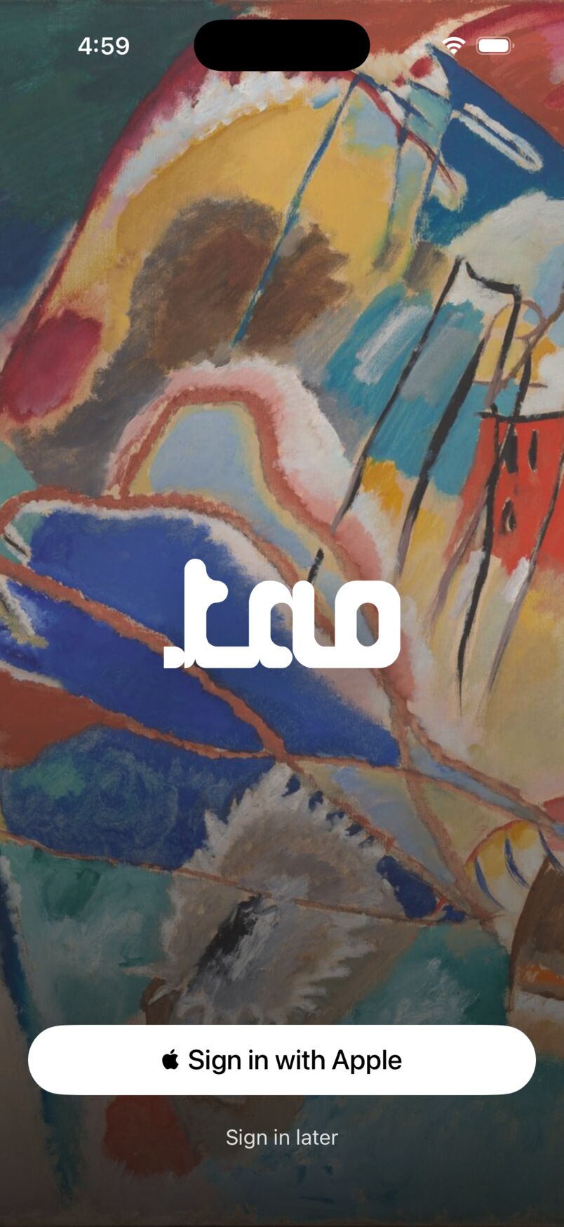 The TAO app opening: the TAO mark over a painting, Sign in with Apple