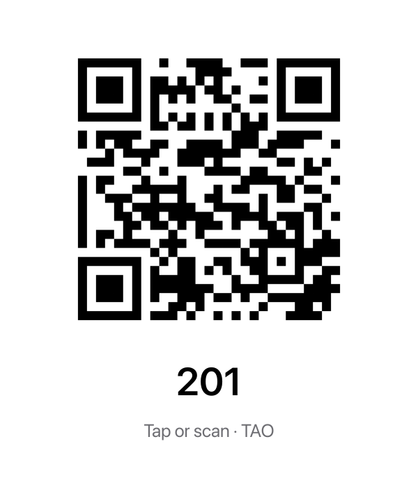 The plaque for Gallery 201: a QR code, the room, Tap or scan · TAO